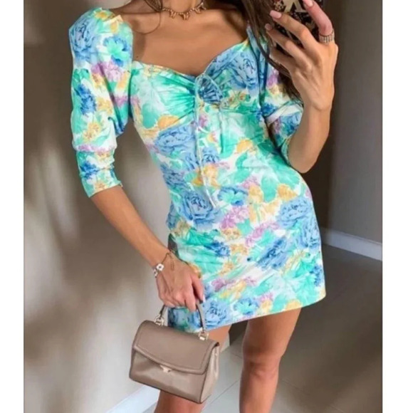 Zara Floral Poplin Sweetheart Mini Dress Blogger  Fav Size Small - Picture 1 of 11